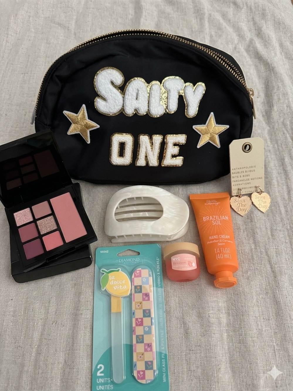 Anthropologie Gold Heart 'Seas The Day' Earrings w/makeup bag & essentials *new